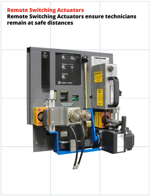 Remote switch actuator in conjunction with remote switch operator keeps technician outside the arc-flash boundary during switching operations.