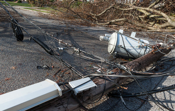 Power outage from storm Tree falls after Nor-easter storm and takes down a telephone pole with Transformer. no power in this area